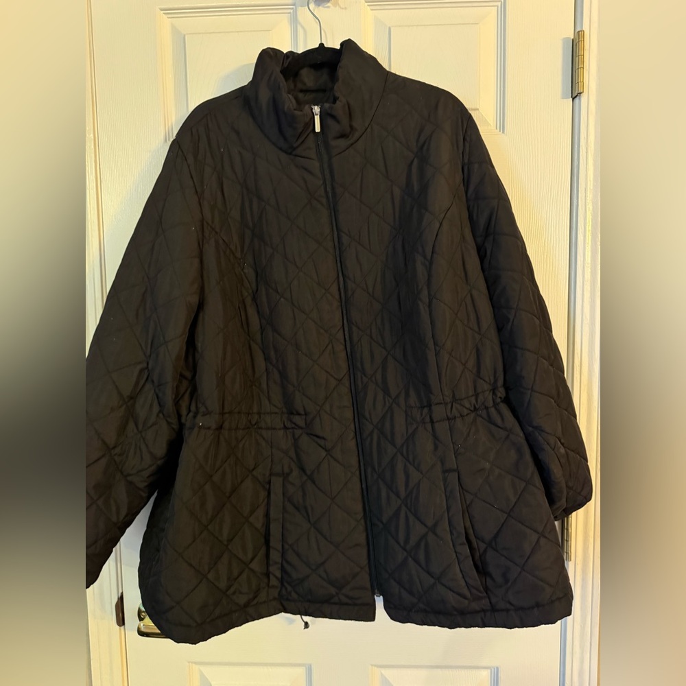 Baby, it’s cold outside! Lane Bryant black quilted coat.